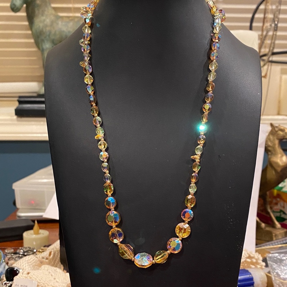 Yellow and Orange Aurora Borealis Crystal Necklace. Shepherds Hook Closure